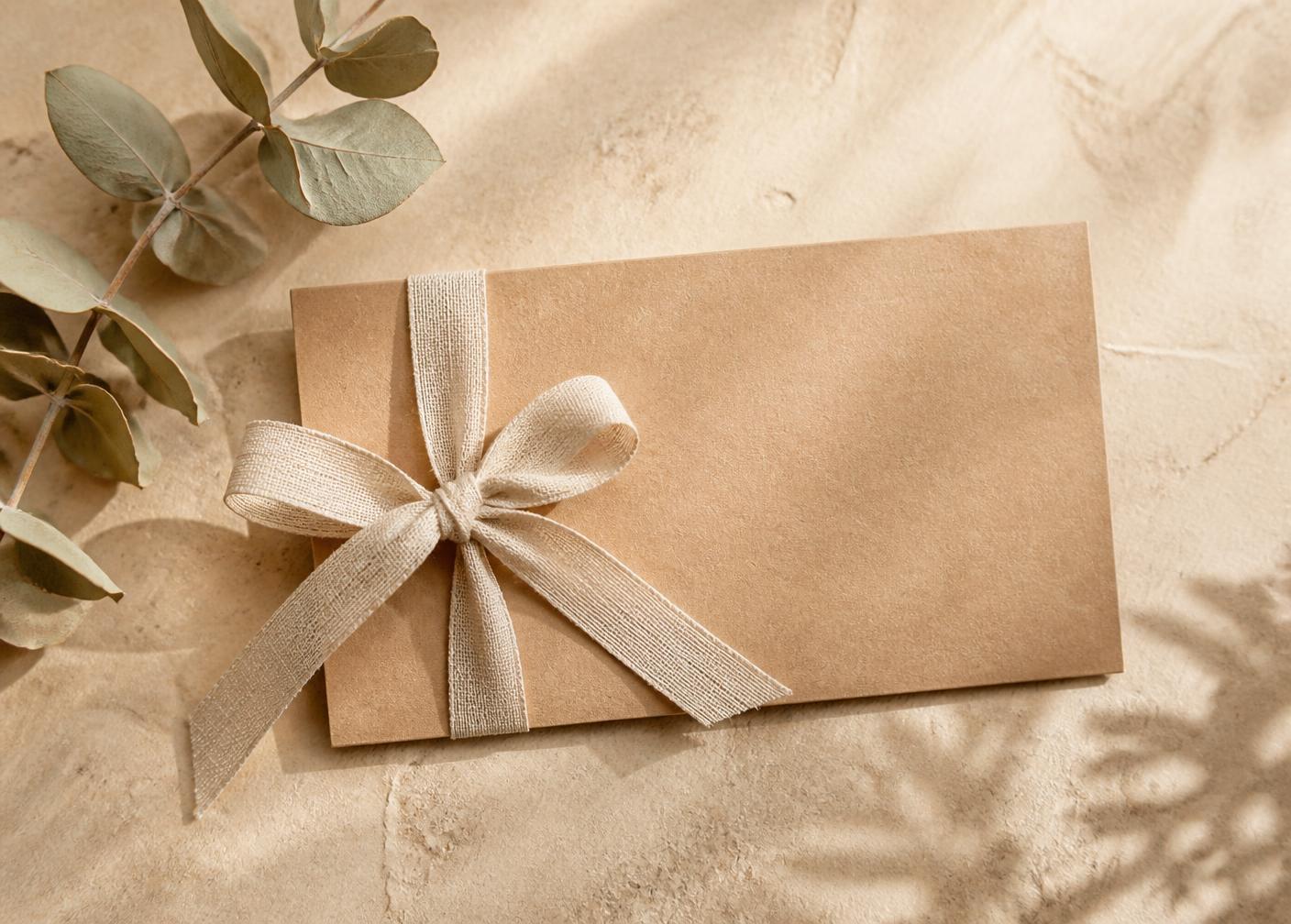 Bon cadeau en papier kraft noué d'un ruban de lin avec eucalyptus