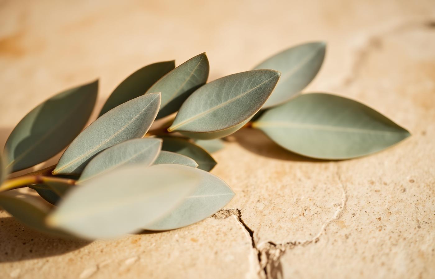 Feuilles d'eucalyptus posées sur une pierre claire