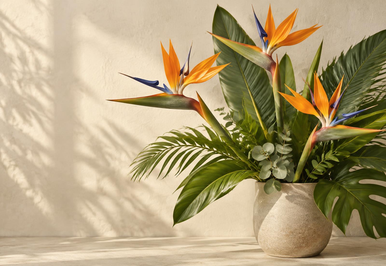 Fleurs oiseau du paradis et feuillage tropical sur fond crème